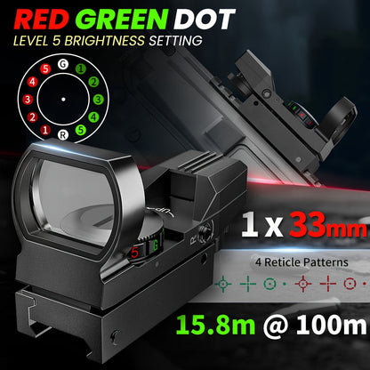 Viseur point rouge et vert 33 mm – 4 types de réticules, 5 niveaux de luminosité, lunette de visée ultralégère sans parallaxe pour fusils, fusils de chasse et carabines, pour la chasse, le tir sur cible et usage tactique, pile CR2032 incluse