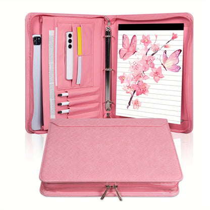 Classeur à anneaux avec fermeture éclair en cuir vegan, format A4, avec pochette pour ordinateur portable, organisateur de travail pour femmes et hommes