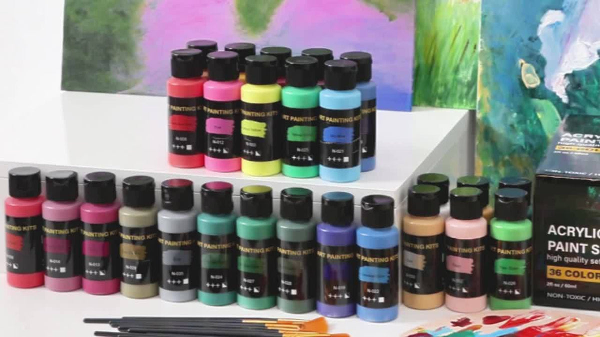 Set de peinture acrylique 36 couleurs de 60 ml chacune avec 12 pinceaux – Fournitures de peinture à pigments riches pour toile, céramique et tissu, artistes débutants et professionnels, rentrée scolaire et cadeau de fêtes