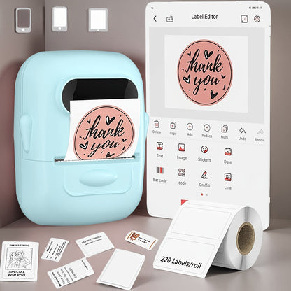 Étiqueteuse thermique sans fil – Aucune encre requise, modèles multiples, imprimante d'étiquettes Bluetooth pour l'organisation du rangement, fournitures de bureau, d'école et de maison, rose, blanc, bleu