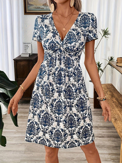 Women's Leopard Print V-Neck Fit & Flare Twist Dress - Knit Polyester Stretch Midi Dress Blue S M L XL XXL Casual Party Date Night Fashion