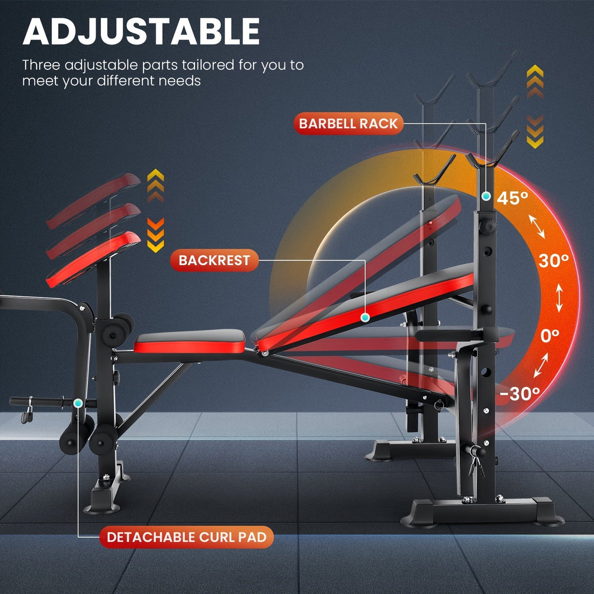 Banc de musculation réglable et pliable avec rack à squat, poste à jambes et pupitre à biceps – Banc de développé couché tout-en-un pour entraînement complet, jusqu'à 545 kg