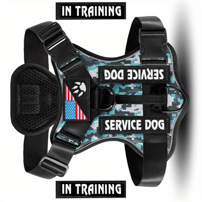 Harnais anti-traction pour chien avec gilet réfléchissant et 5 écussons – Harnais de service réglable en maille Oxford souple, avec attaches avant et arrière pour chiens de petite, moyenne et grande taille, de XS à XL