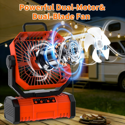 Ventilateur de camping portable 20 000 mAh avec télécommande, lumières LED, 4 vitesses et rotation à 360° – Ventilateur oscillant rechargeable sur batterie pour camping en plein air, camping-car et voyage
