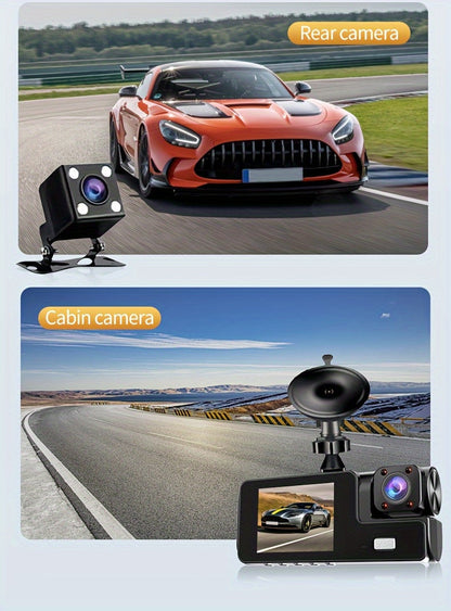 Dashcam 3 canaux 4K avant + 4K intérieur + 1080P arrière avec carte 32 Go offerte, vision nocturne, capteur G, grand angle, enregistrement en temps réel et moniteur de stationnement – Velora