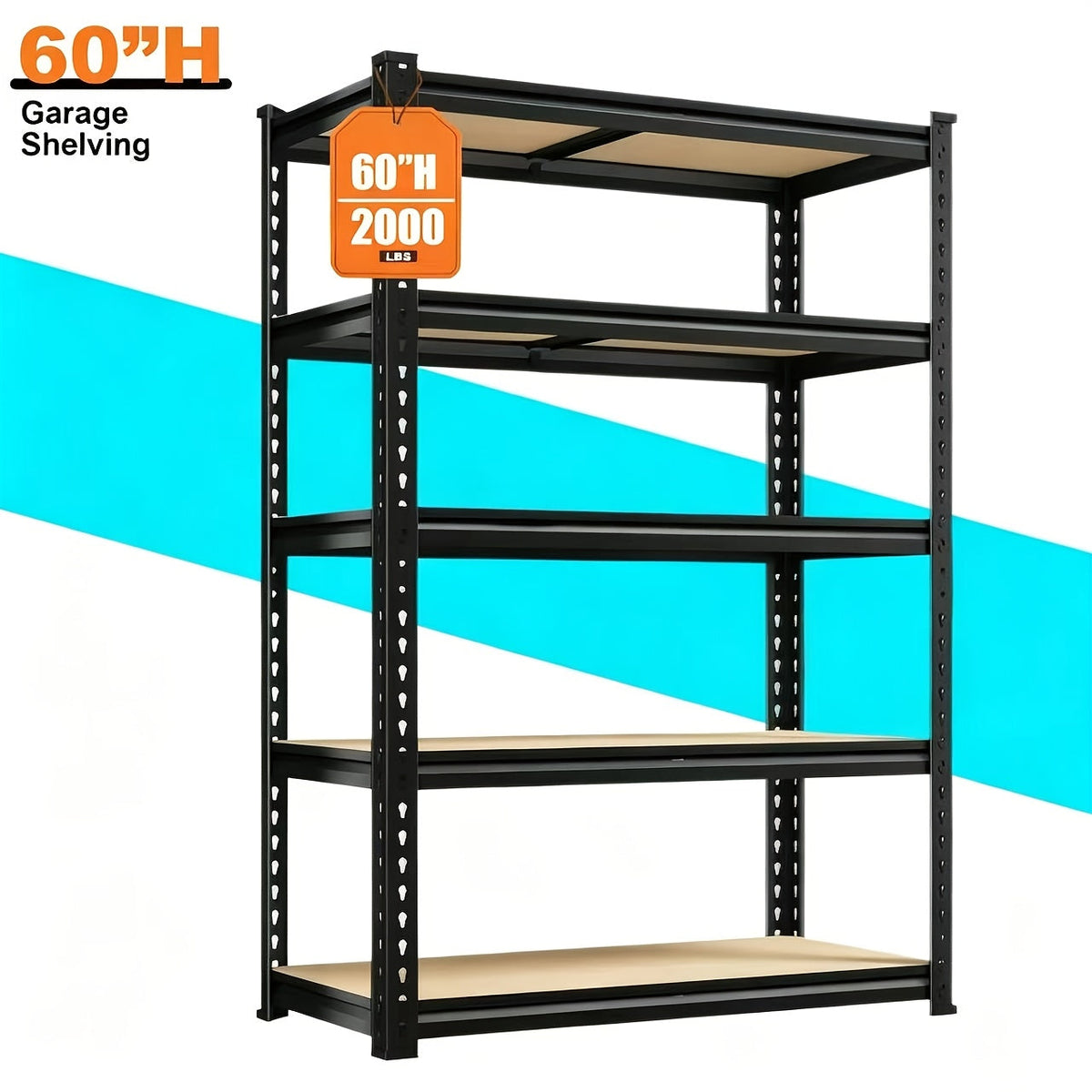 Étagère métallique robuste à 5 niveaux, capacité de 2000 lb, support de rangement pour garage | Étagère en acier réglable de 72 po et 60 po de hauteur pour garage, sous-sol, garde-manger, placard, buanderie – Noir