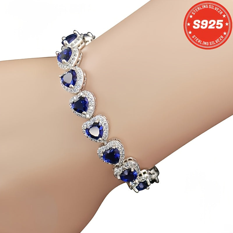 Bracelet pour femme en argent sterling S925, cœur bleu en moissanite complète – Style élégant et luxueux, cadeau idéal pour une sœur, une mère, un anniversaire, la Saint-Valentin et Noël