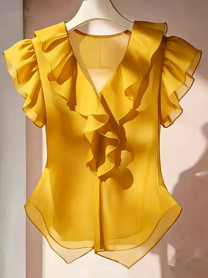 Haut femme en mousseline à manches courtes et volants – Chemisier d'été décontracté coupe évasée, couleur unie, disponible en 21 coloris, 100 % polyester tissé