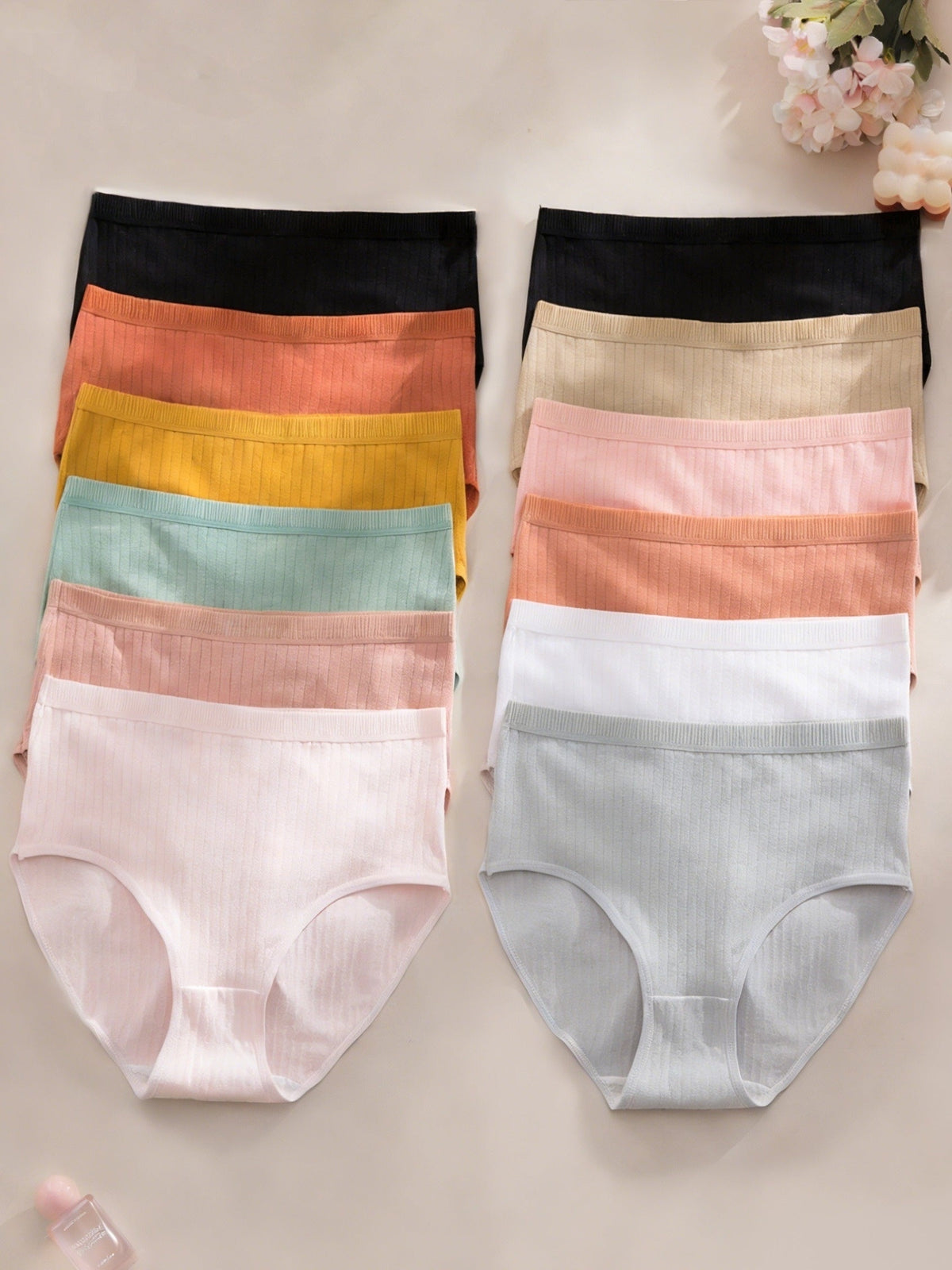 Lot de 6 culottes string côtelées – Sous-vêtements triangulaires pour femmes, doux, respirants et taille mi-haute, texture en maille côtelée, couleurs unies, culottes quotidiennes adaptées à la maternité