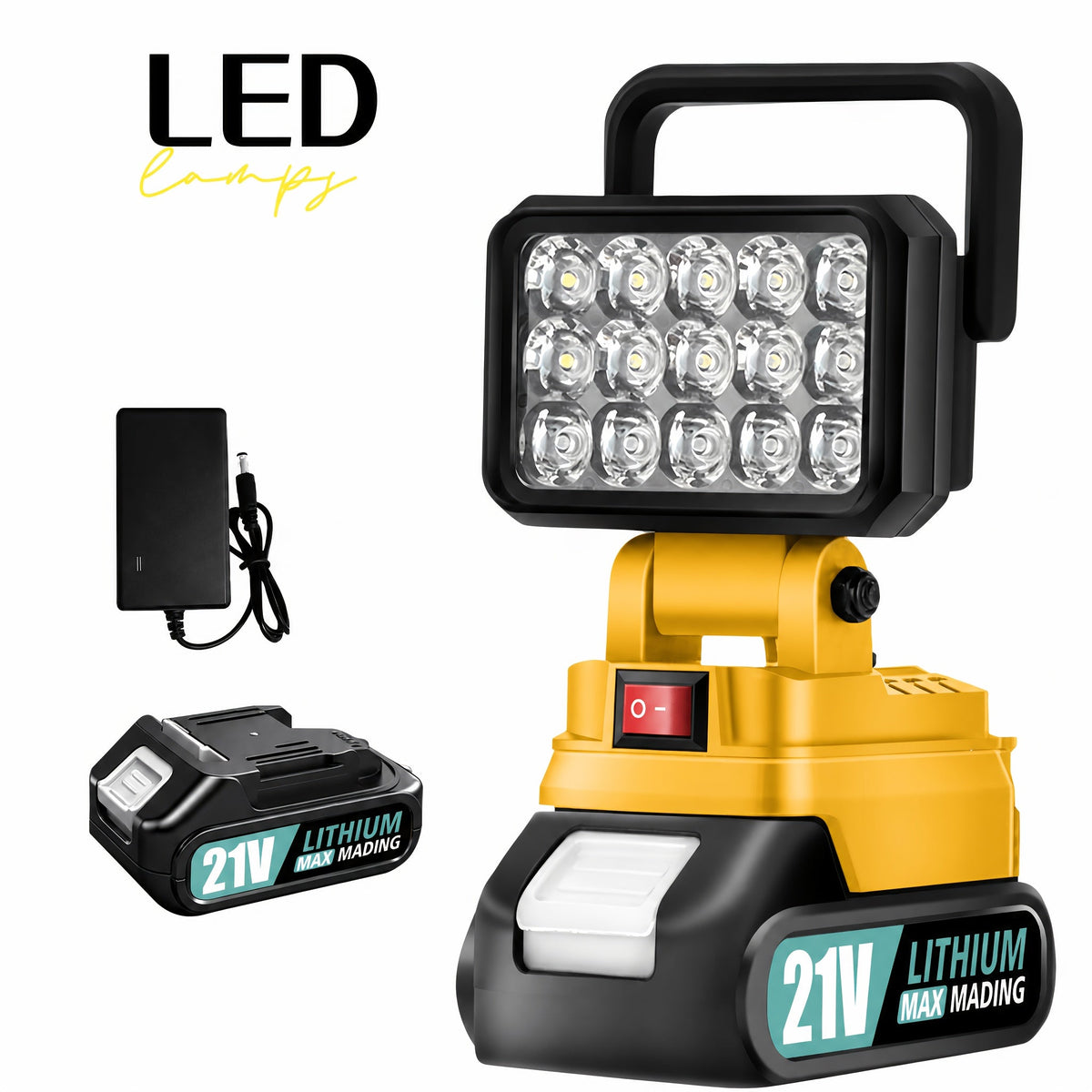 Lampe de travail LED compatible avec batterie Makita 21V – Lanterne de camping portative haute luminosité, étanchéité IP4X, protection intelligente de la batterie, lampe d'urgence pour coupure de courant, ouragan et randonnée, Noir Jaune Bleu