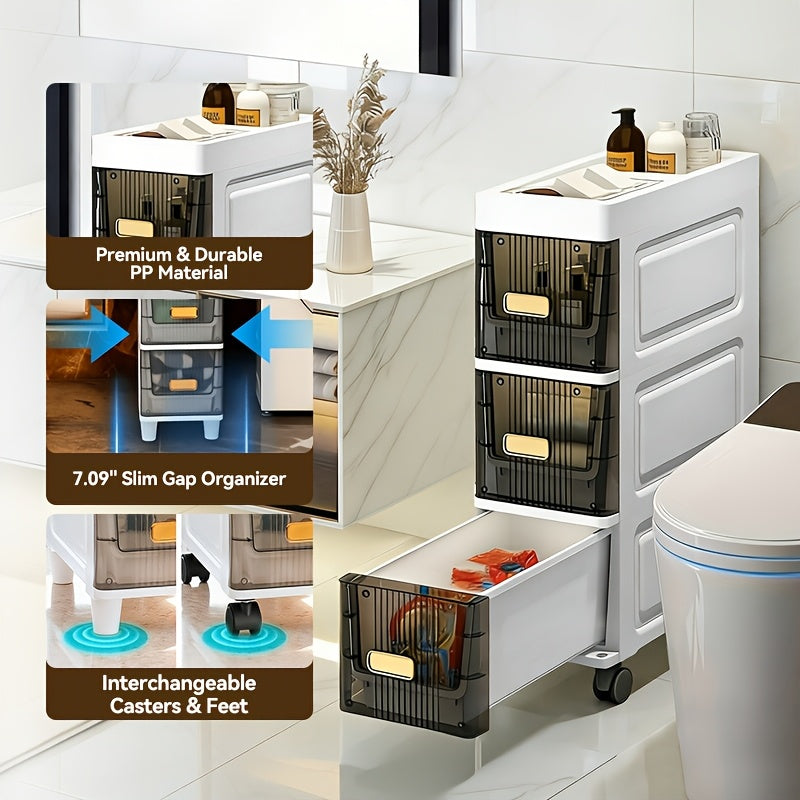 Meuble de rangement fin à roulettes avec tiroirs, organisateur en PP imperméable à 3, 4, 5 ou 6 niveaux pour salle de bain, cuisine, chambre, petits espaces – Tour de rangement étroite