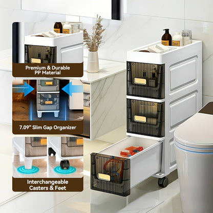 Meuble de rangement fin à roulettes avec tiroirs, organisateur en PP imperméable à 3, 4, 5 ou 6 niveaux pour salle de bain, cuisine, chambre, petits espaces – Tour de rangement étroite