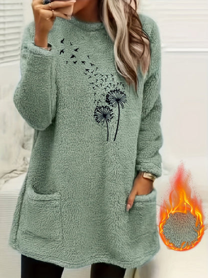 Dandelion Print Sweatshirt Women - Cozy Fleece-Lined Long Sleeve Pullover, Soft Stretch Casual Fall Winter Top, S-XXL