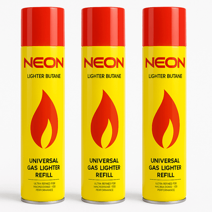 Lot de 3 recharges de gaz butane ultra-raffiné NEON, bombes de 300 ml (10,14 oz) avec 5 embouts adaptateurs – Combustible universel pour briquets rechargeables, chalumeaux et outils à flamme – Bidons jaunes haute performance – Velora