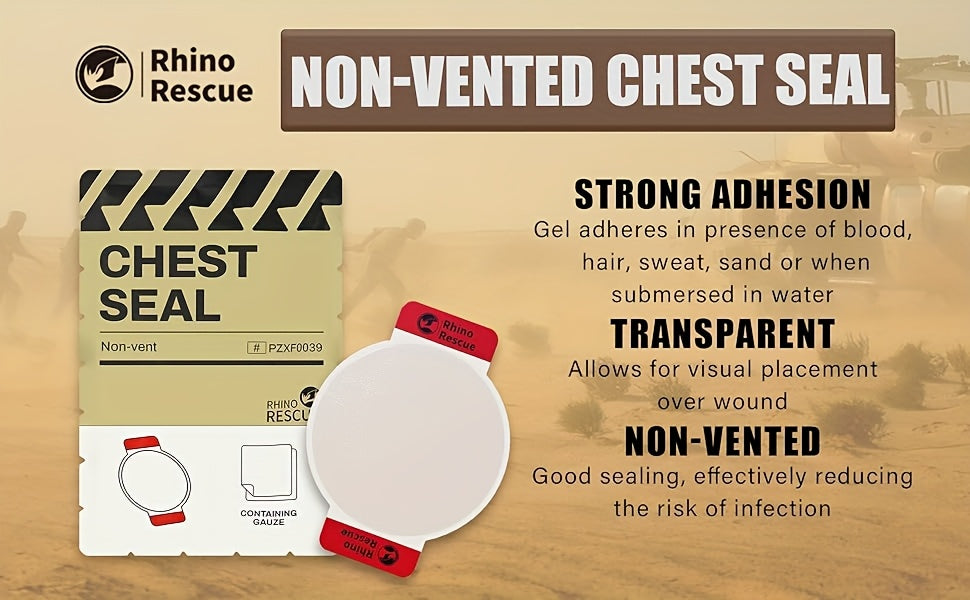 Pansement thoracique d'urgence non ventilé RHINO RESCUE – Fourniture médicale IFAK portable pour plaies thoraciques aspirantes, nylon PA, éligible FSA/HSA, jaune