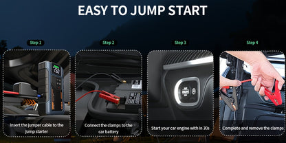 Démarreur de voiture 4000A avec compresseur d'air et gonfleur de pneus – Booster de batterie portable tout-en-un pour moteurs essence et diesel, lampe LED, batterie externe USB, affichage numérique, démarreur d'urgence compact