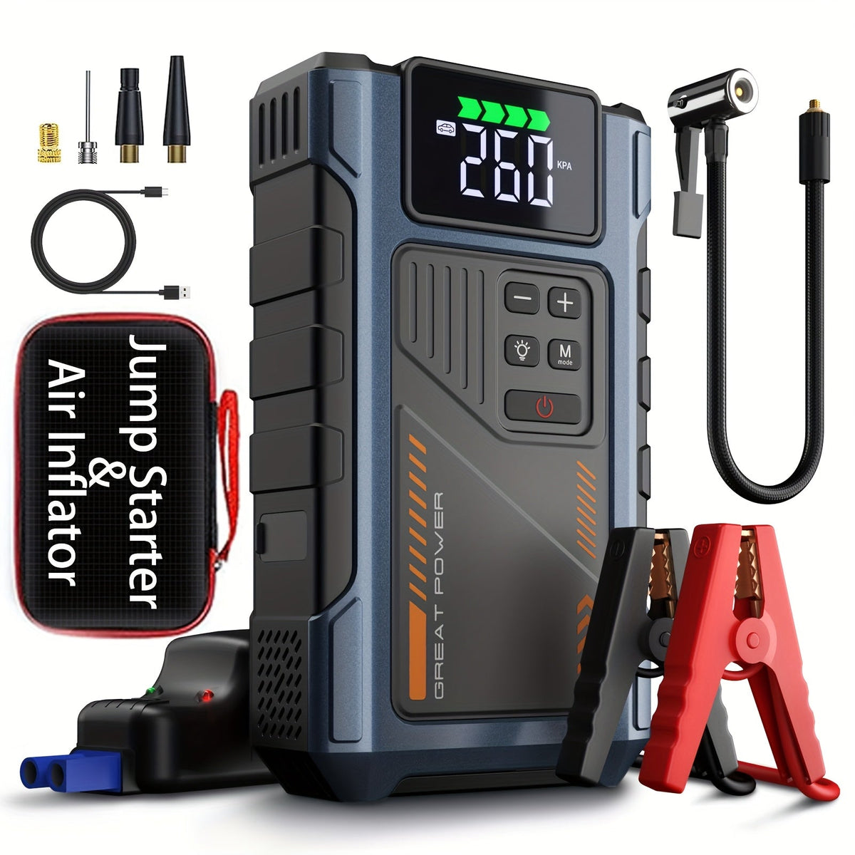 Démarreur de voiture 4000A avec compresseur d'air et gonfleur de pneus – Booster de batterie portable tout-en-un pour moteurs essence et diesel, lampe LED, batterie externe USB, affichage numérique, démarreur d'urgence compact