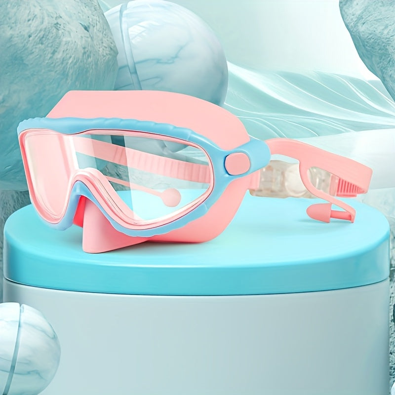 Lunettes de natation antibuée surdimensionnées, clarté haute définition, coussinets en silicone souple et confortable, sangle réglable, équipement de natation élégant pour piscine extérieure, plage et étang, rose bleu