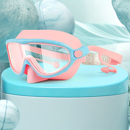 Lunettes de natation antibuée surdimensionnées, clarté haute définition, coussinets en silicone souple et confortable, sangle réglable, équipement de natation élégant pour piscine extérieure, plage et étang, rose bleu