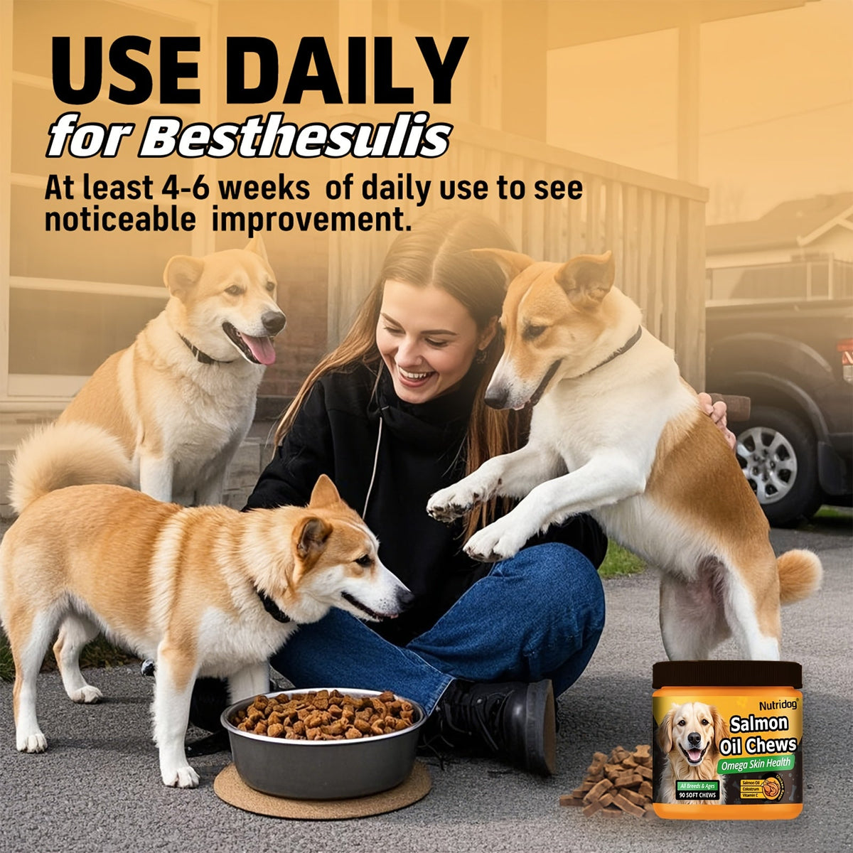 Complément nutritionnel pour chiens en bouchées tendres, 90 unités, aux probiotiques et huile de saumon, goût poulet - Soutient la santé du pelage, la santé intestinale et l'immunité pour les chiens de tous âges, 225 g