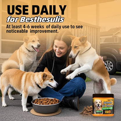Complément nutritionnel pour chiens en bouchées tendres, 90 unités, aux probiotiques et huile de saumon, goût poulet - Soutient la santé du pelage, la santé intestinale et l'immunité pour les chiens de tous âges, 225 g