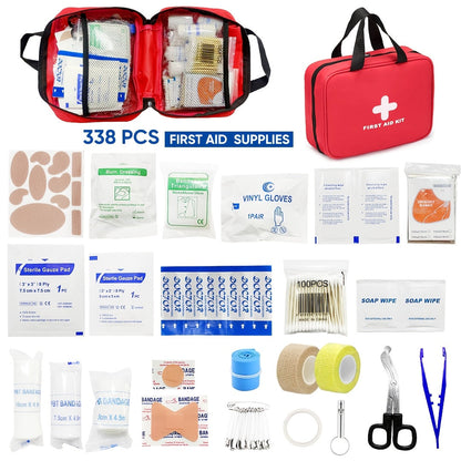 Trousse de premiers secours de 338 pièces, kit médical d'urgence compact et imperméable - Fournitures d'urgence pour la maison, le bureau, la voiture, les voyages, le camping, la randonnée et le bateau, rouge