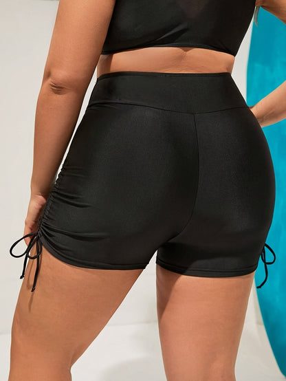 Short de bain taille haute pour femme, grandes tailles, style rétro, extensible, couleur unie, cordon de serrage, poches latérales, lavable en machine, maillot de bain pour plage et piscine, 0XL-4XL, coupe élégante et confortable