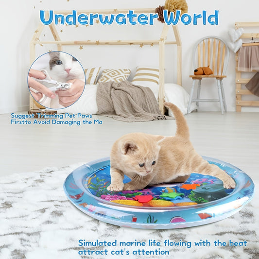 Tapis de jeu aquatique interactif pour chat avec poissons flottants – Jouet sensoriel en PVC anti-éclaboussures pour chats d'intérieur, sans pile nécessaire, tapis ludique anti-ennui pour races  moyennes