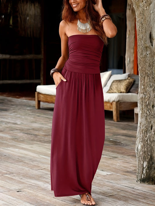 Robe longue bandeau sans bretelles avec poches pour femme – Robe d'été décontractée, longue, stretch et cintrée à la taille, en couleurs unies, S-XXL