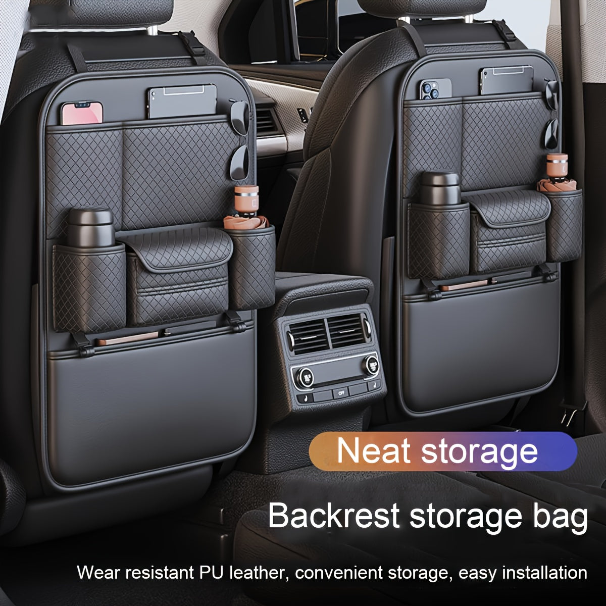 Organisateur de dossier de siège auto en cuir PU, grand sac de rangement multi-poches pour bouteilles d'eau, tablettes et ordinateurs portables – Organisateur d'intérieur de voiture élégant, noir classique, pour voitures, SUV et camions