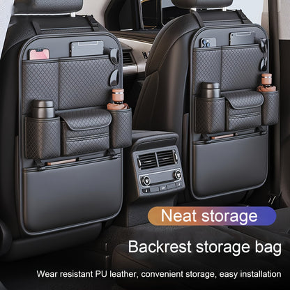 Organisateur de dossier de siège auto en cuir PU, grand sac de rangement multi-poches pour bouteilles d'eau, tablettes et ordinateurs portables – Organisateur d'intérieur de voiture élégant, noir classique, pour voitures, SUV et camions