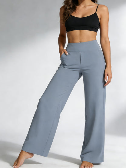 Pantalon de yoga taille haute à jambe droite pour femme avec poches – Vêtement de sport décontracté, extensible et ample pour femme, pantalon d'entraînement uni d'été pour le yoga, la gym, le pilates et le quotidien, S-XXL