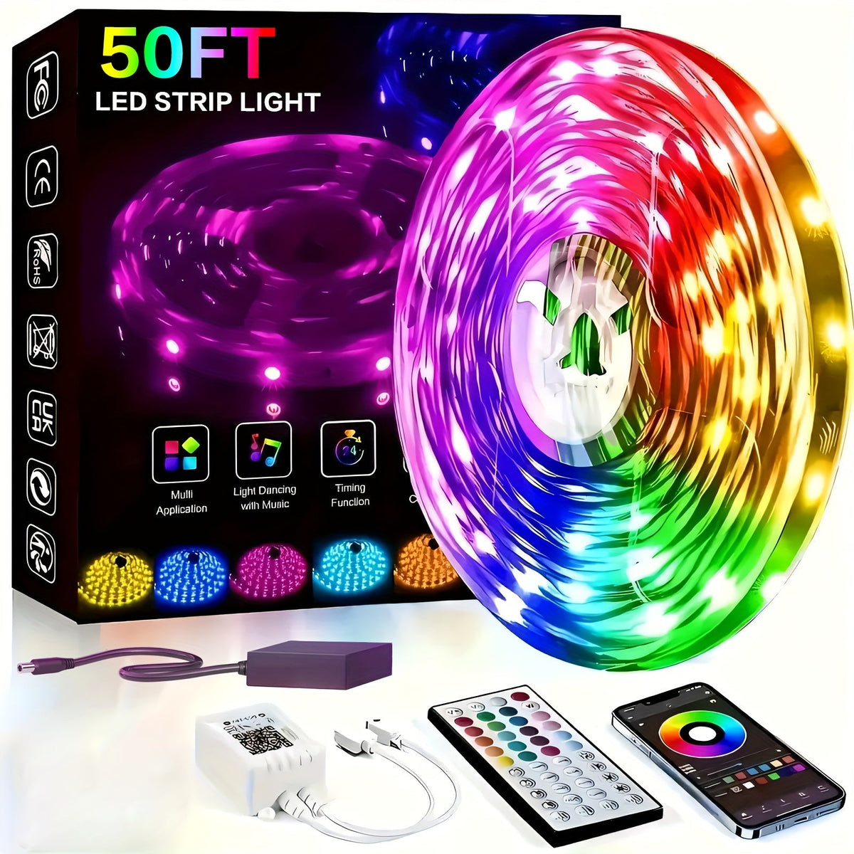 Ruban LED RVB de 15 m à 80 m – Changement de couleur avec télécommande 44 touches, mode DIY, intensité réglable, pour chambre, salon, Noël, fêtes et décoration intérieure