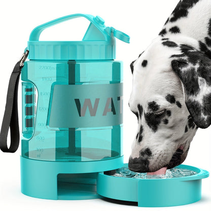 Gourde de voyage pour chien 2,2 L avec gamelle rétractable - Distributeur 2-en-1 portable grande capacité, anti-fuite, pour randonnée, camping, plage et trajets en voiture, dragonne et mousqueton inclus, bleu lagon