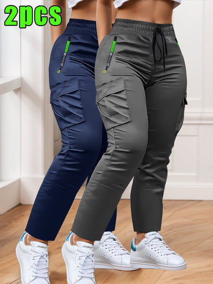 Lot de 2 pantalons cargo pour femme – Coupe ajustée, jambe droite, poches multiples – Taille à cordon, poches zippées, pantalon décontracté pour le travail en extérieur et le quotidien, XS-XXL