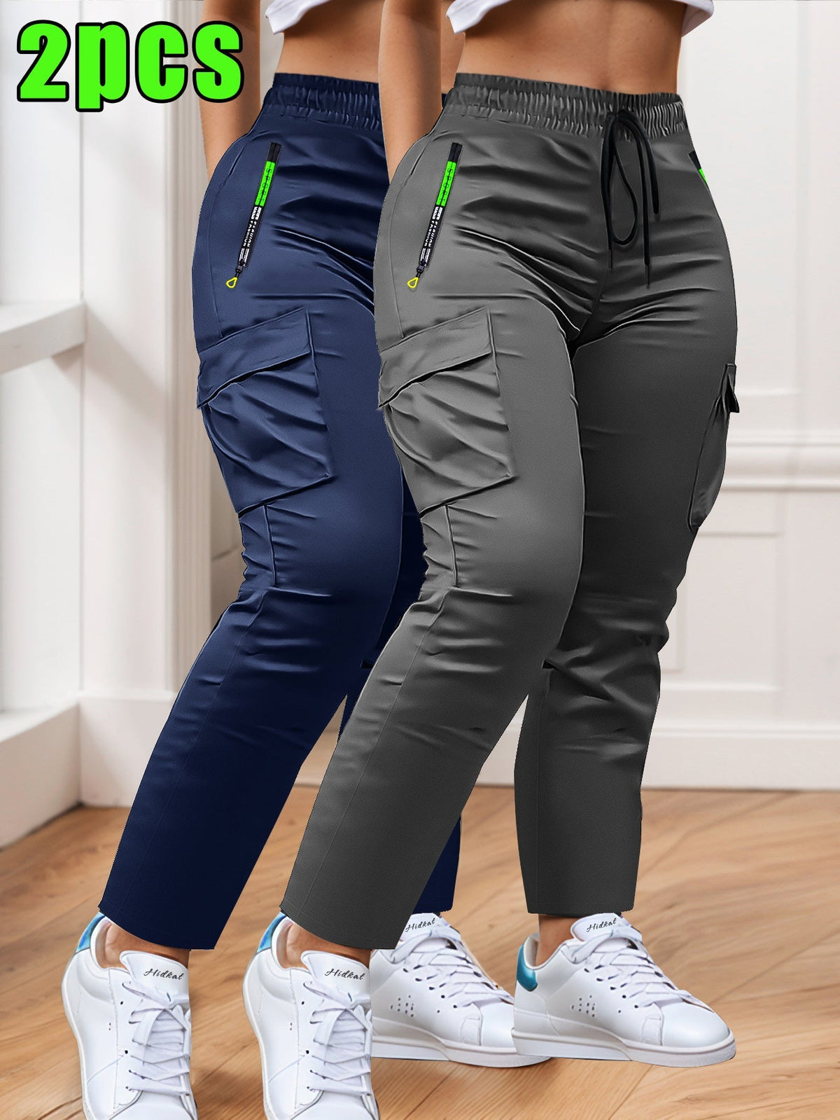 Lot de 2 pantalons cargo pour femme – Coupe ajustée, jambe droite, poches multiples – Taille à cordon, poches zippées, pantalon décontracté pour le travail en extérieur et le quotidien, XS-XXL