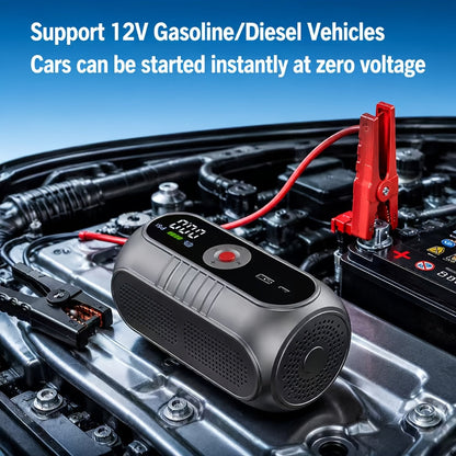 Démarreur de voiture 3000A 9-en-1 avec gonfleur de pneus intégré, ports USB et lampe de secours LED – Booster de batterie portable sans fil 12V pour voitures, camions et SUV – Outil d'urgence routière – Velora