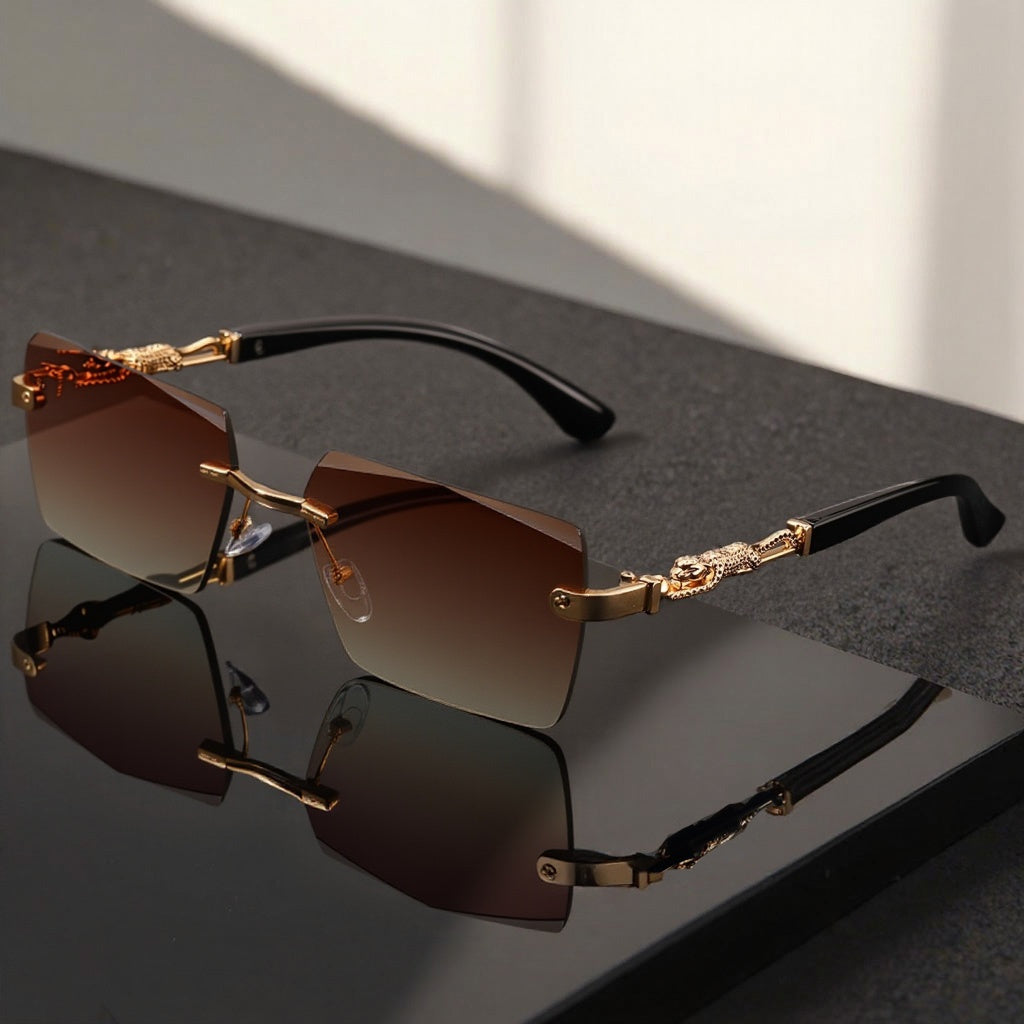 Lunettes de soleil unisexe sans monture motif léopard - Lunettes rectangulaires étroites anti-UV400 noir et doré, lunettes de mode haut de gamme pour hommes et femmes, étui et chiffon inclus, idéales pour les fêtes, les voyages et les festivals