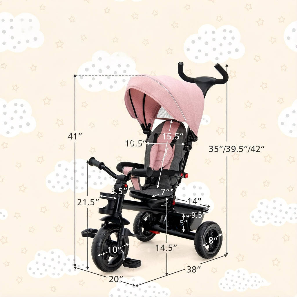 Tricycle 4-en-1 pour tout-petits avec poignée de poussée réglable et siège convertible, auvent amovible, harnais de sécurité et panier de rangement - Tricycle à pousser pour enfants de 18 à 60 mois, vélo rose à chevaucher pour filles