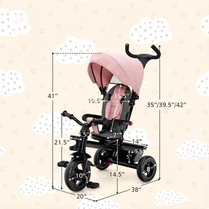 Tricycle 4-en-1 pour tout-petits avec poignée de poussée réglable et siège convertible, auvent amovible, harnais de sécurité et panier de rangement - Tricycle à pousser pour enfants de 18 à 60 mois, vélo rose à chevaucher pour filles