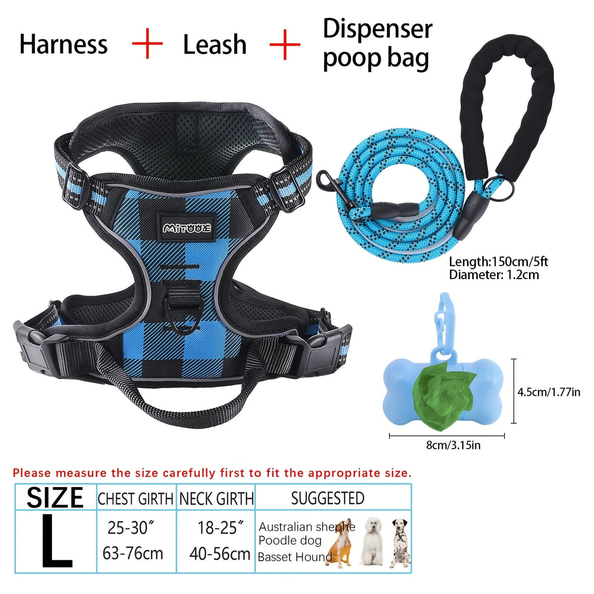Ensemble harnais et laisse pour chien 4 pièces, gilet réfléchissant en Oxford anti-traction et anti-étranglement avec laisse, distributeur de sacs à déjections et poignée de contrôle facile, pour chiens moyens et grands, dressage et promenade en extérieur