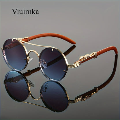 Lunettes de soleil rondes à monture en métal avec verres dégradés pour hommes et femmes – Luxe, double pont, détails léopard sur les charnières, verres en polycarbonate dégradés, étui inclus, style chic pour les vacances et la ville