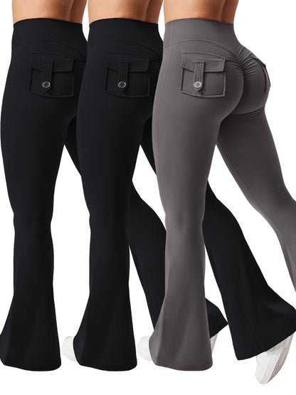 Ensemble 3 pièces pour femme : pantalon de yoga évasé à taille haute avec ceinture et poches, legging galbant effet push-up, squat-proof, 90 % polyester extensible, coupe évasée pour le sport, la gym, la course et le quotidien