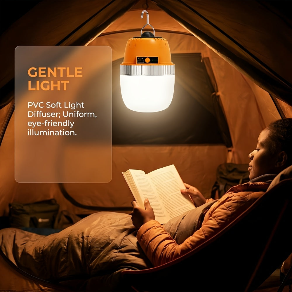 Lanterne de camping LED rechargeable par USB avec batterie externe intégrée, lampe de tente portable ultra-lumineuse pour camping, barbecue, terrasse, extérieur et urgences, recharge les téléphones portables, design autoportant et suspendu