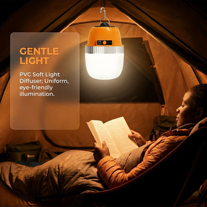 Lanterne de camping LED rechargeable par USB avec batterie externe intégrée, lampe de tente portable ultra-lumineuse pour camping, barbecue, terrasse, extérieur et urgences, recharge les téléphones portables, design autoportant et suspendu
