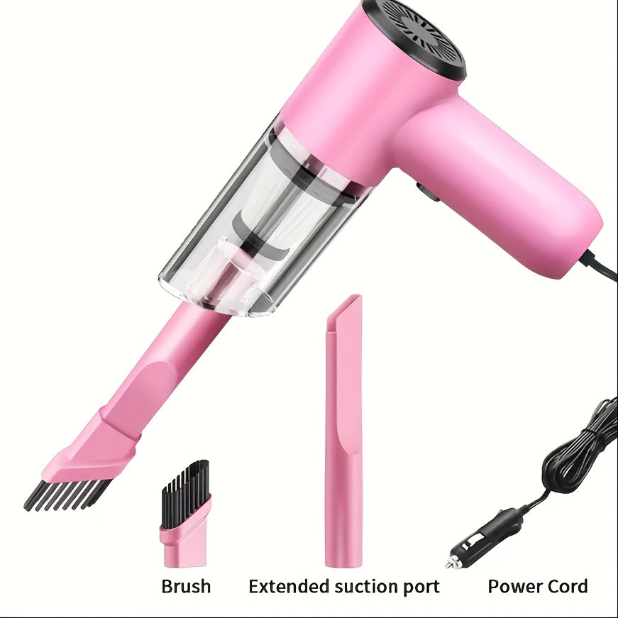 Aspirateur de voiture portable 12 V, aspirateur filaire puissant pour poils d'animaux et poussière, moteur silencieux, kit d'accessoires inclus, design compact pour le nettoyage intérieur de voiture – Rose