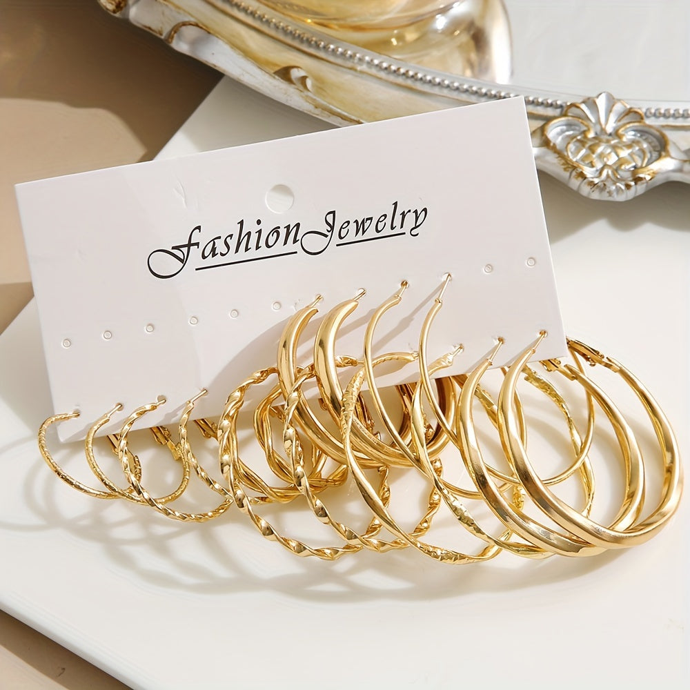 Ensemble de 16 boucles d'oreilles créoles torsadées pour femmes – Créoles dorées élégantes à large face, bijoux minimalistes pour le quotidien, les fêtes, les vacances et les rendez-vous, cadeau parfait