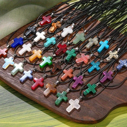 40pcs Natural Stone Cross Pendant & Necklace DIY Kit – 20 Quartz Imitation Gem Cross Pendants + 20 Adjustable Black Faux Leather Necklaces, Bulk Jewelry Making Supplies for Teens Women Bracelets Earrings Crafts