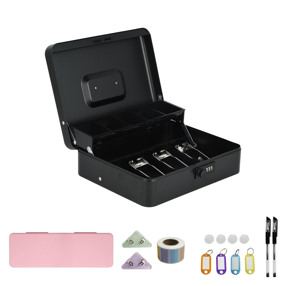 Grande caisse verrouillable avec plateau à monnaie – Coffre de sécurité en métal avec 6 accessoires pour caisse enregistreuse, maison, bureau et entreprise, 6 couleurs, options de verrouillage à clé et à combinaison