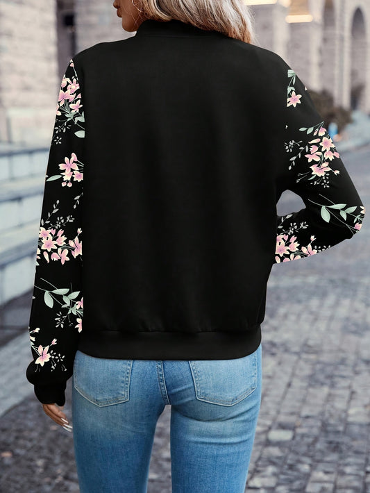 Veste zippée à imprimé floral pour femme, col baseball, manches longues, manteau léger pour le printemps et l'automne, vêtement d'extérieur décontracté, noir S M L XL XXL